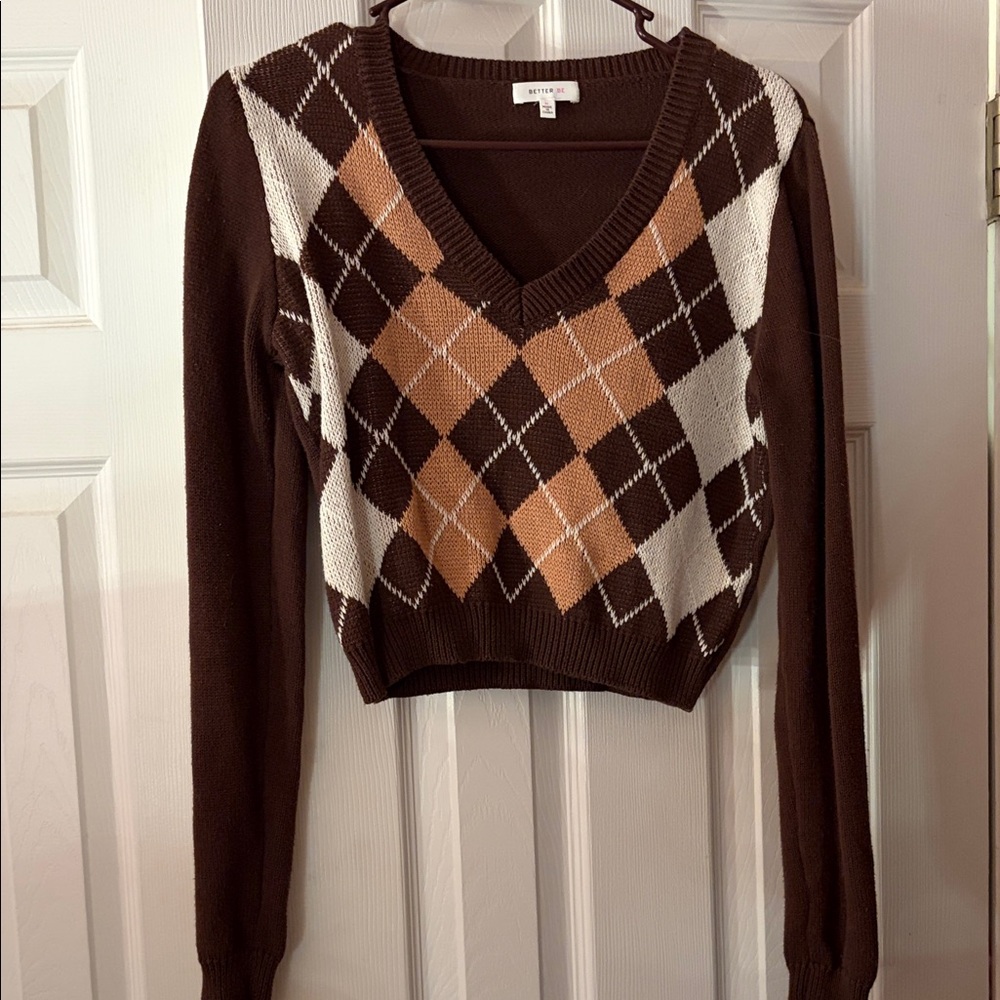 Better Be Brown Tan and Cream Cropped Argyle V-Neck Sweater medium 100% Cotton
